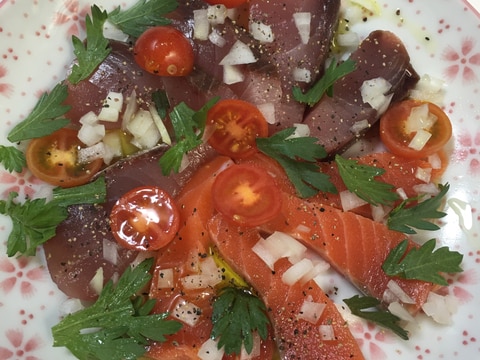 【白ワインに合う】春菊と刺身のカルパッチョ風